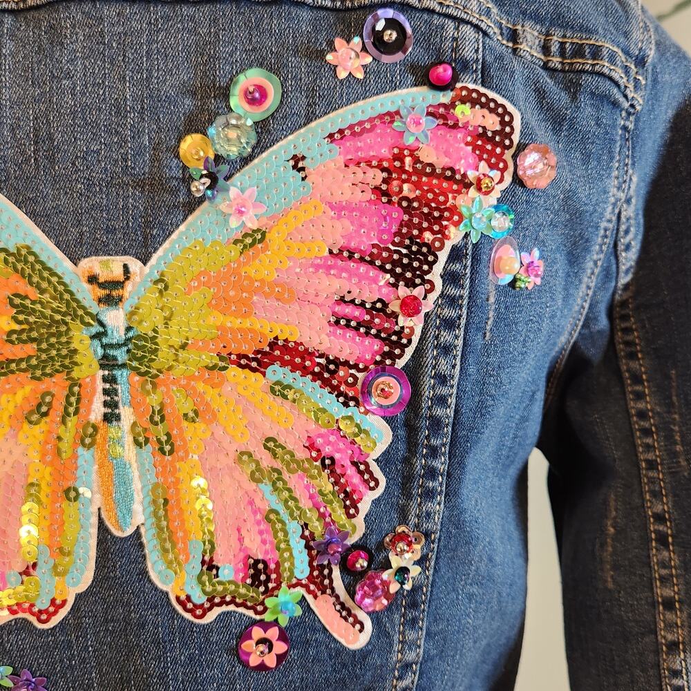 CUSTOM Butterfly in Bloom Sequin Denim Jacket, Size Small - Picture 10 of 13